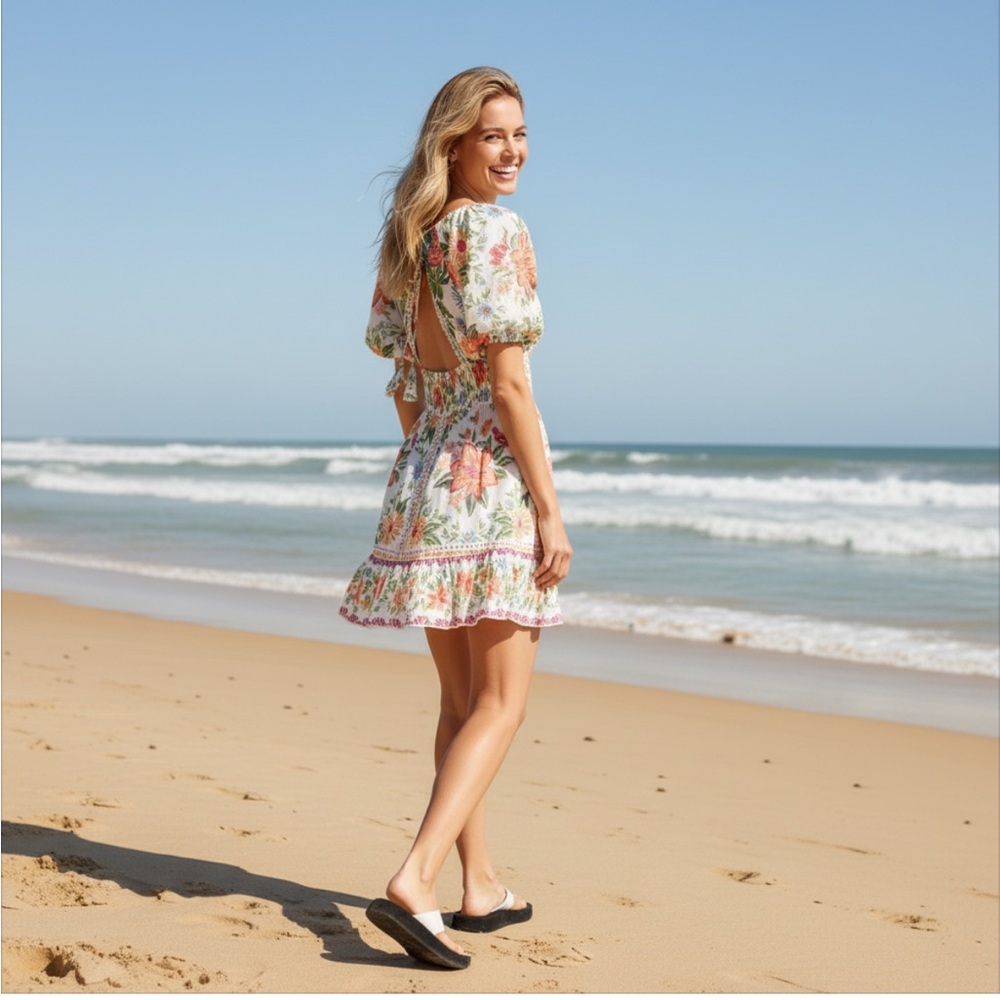 Farm Rio Bloom Garden Short Sleeve Floral Short Mini Dress,‎ Size L - Picture 4 of 12